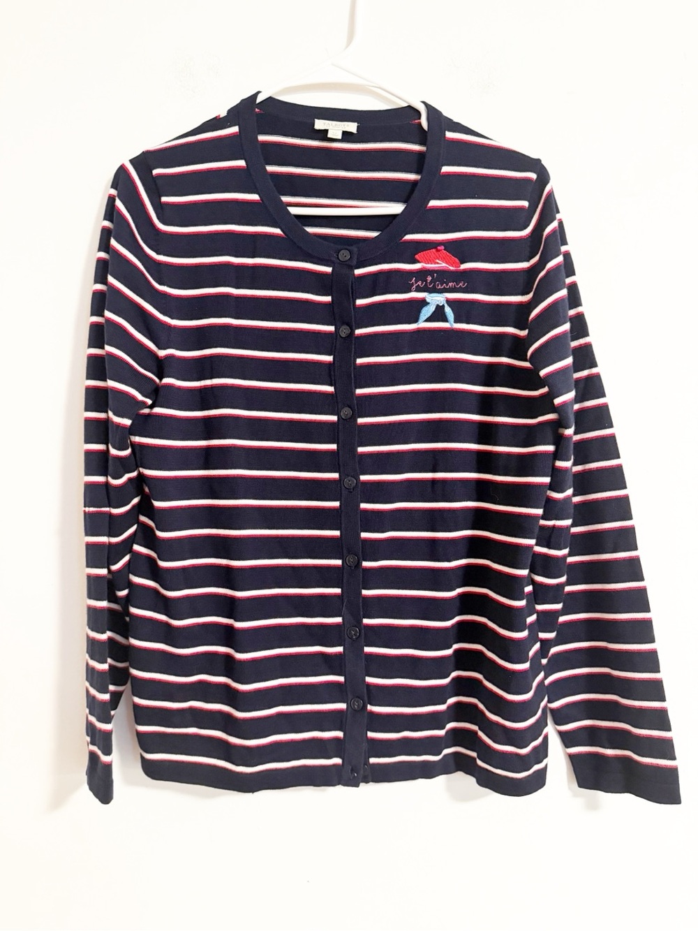 Talbots Striped Je t’aime Beret Cardigan Sweater Navy Red Cotton Petite Large